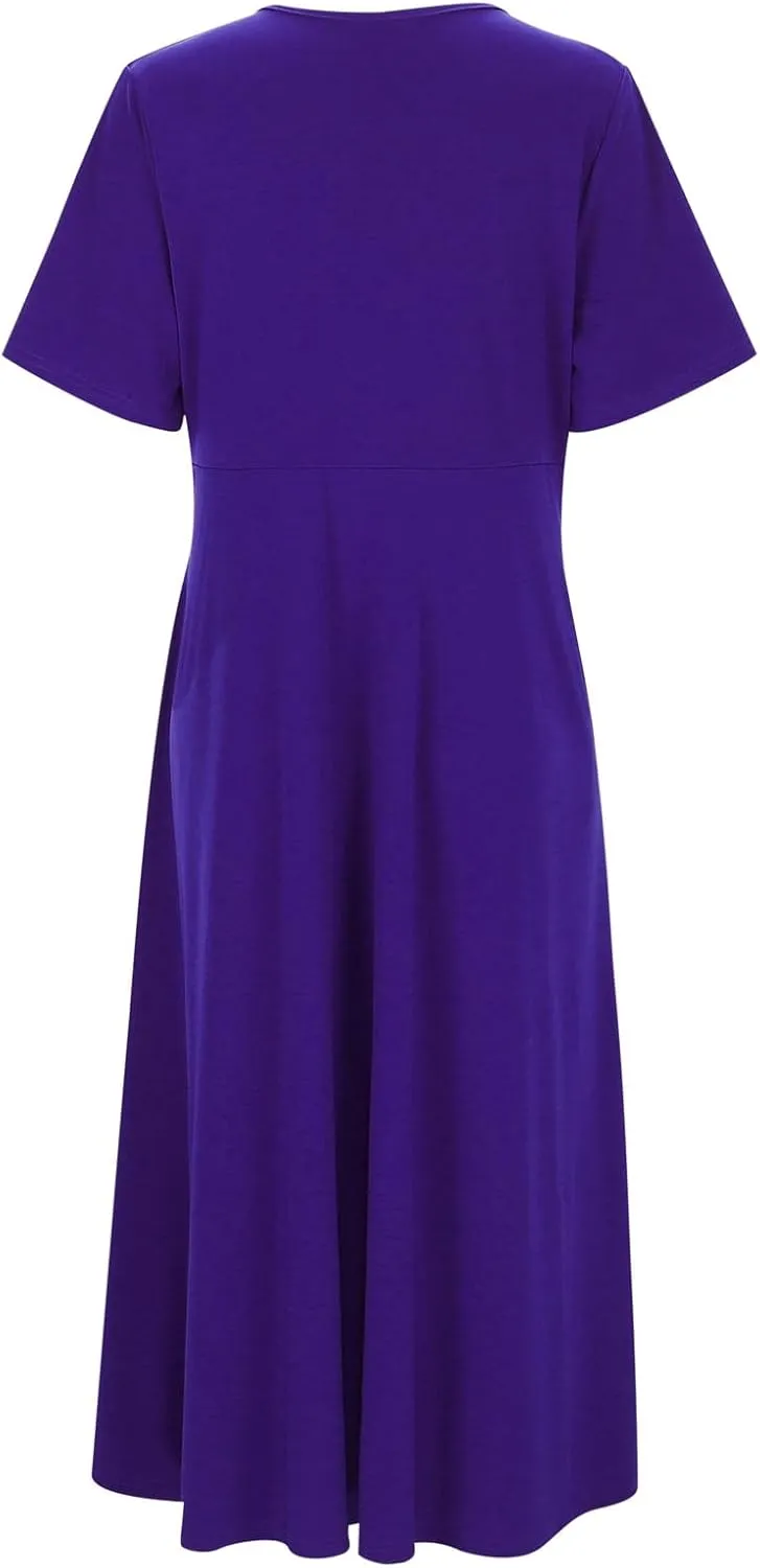 Women's V Neck Short Flared Sleeve Wedding Guest Dress Smocked Elastic Waist Tiered Belted Ruffle Hem Dress