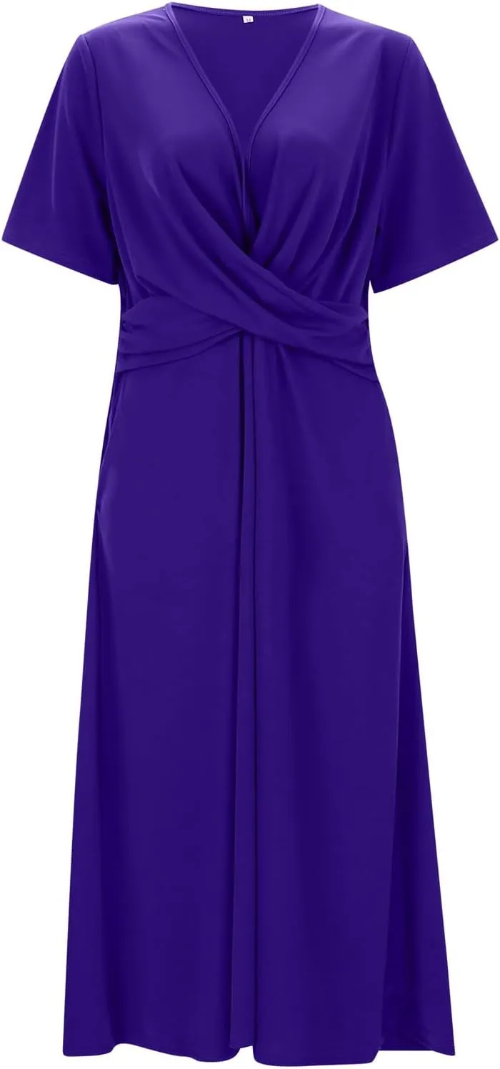 Women's V Neck Short Flared Sleeve Wedding Guest Dress Smocked Elastic Waist Tiered Belted Ruffle Hem Dress