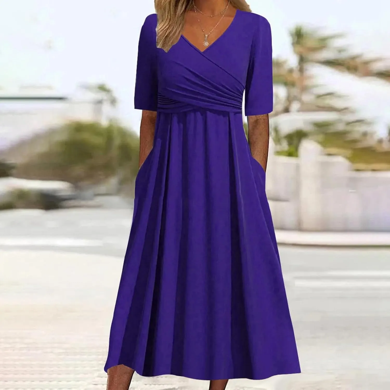 Women's V Neck Short Flared Sleeve Wedding Guest Dress Smocked Elastic Waist Tiered Belted Ruffle Hem Dress