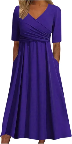 Women's V Neck Short Flared Sleeve Wedding Guest Dress Smocked Elastic Waist Tiered Belted Ruffle Hem Dress