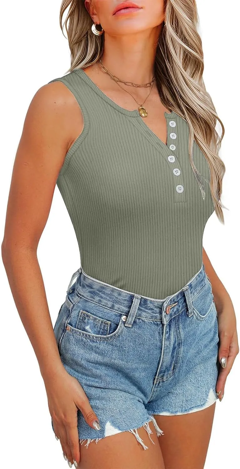 Womens V Neck Tank Tops Summer Ribbed Button Sleeveless Shirts Slim Fit Cami Knitwear Trendy Casual Soft Tee Shirt