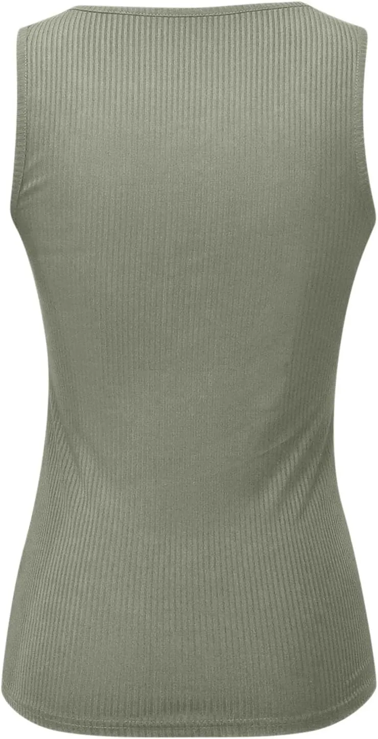 Womens V Neck Tank Tops Summer Ribbed Button Sleeveless Shirts Slim Fit Cami Knitwear Trendy Casual Soft Tee Shirt