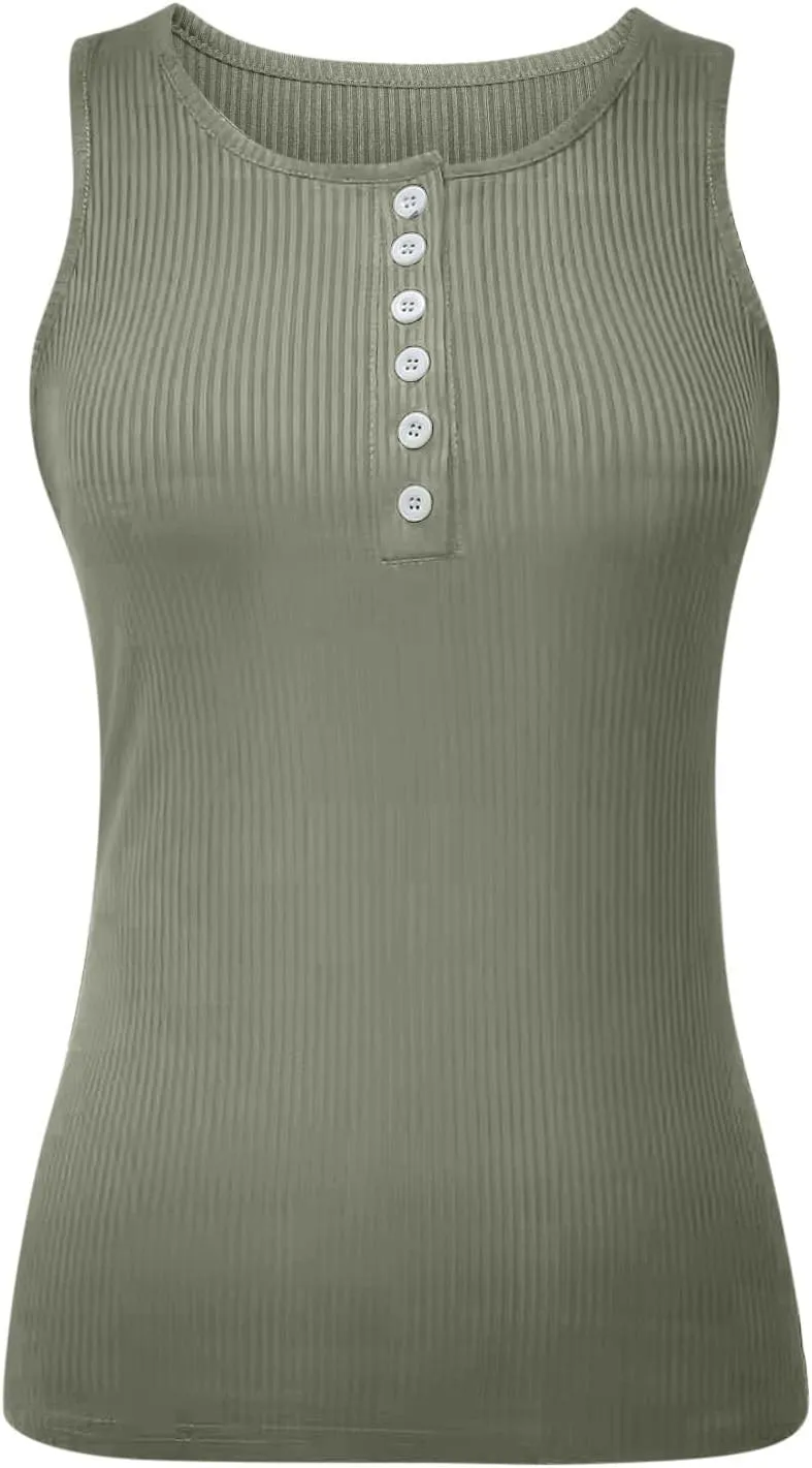 Womens V Neck Tank Tops Summer Ribbed Button Sleeveless Shirts Slim Fit Cami Knitwear Trendy Casual Soft Tee Shirt
