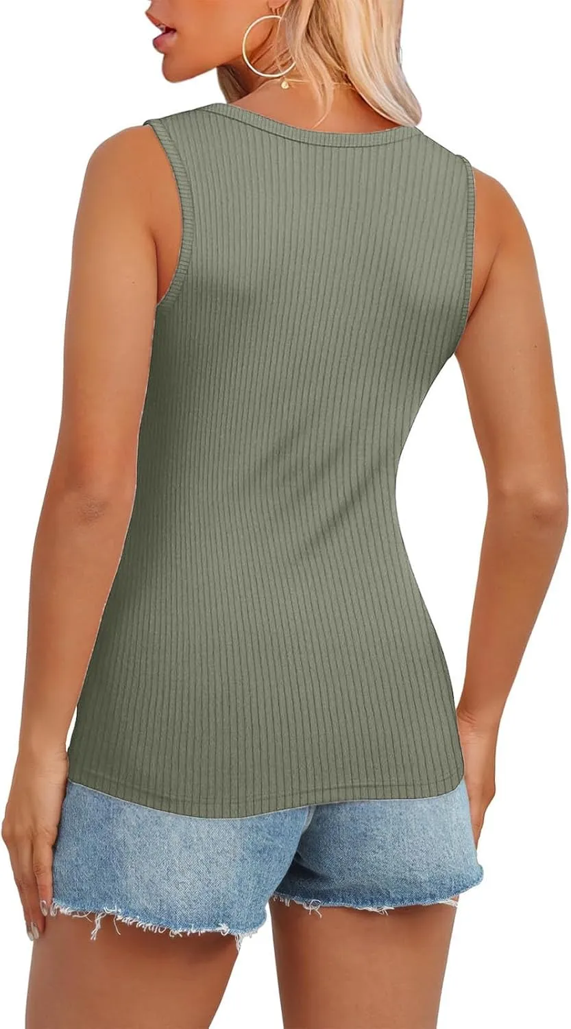 Womens V Neck Tank Tops Summer Ribbed Button Sleeveless Shirts Slim Fit Cami Knitwear Trendy Casual Soft Tee Shirt