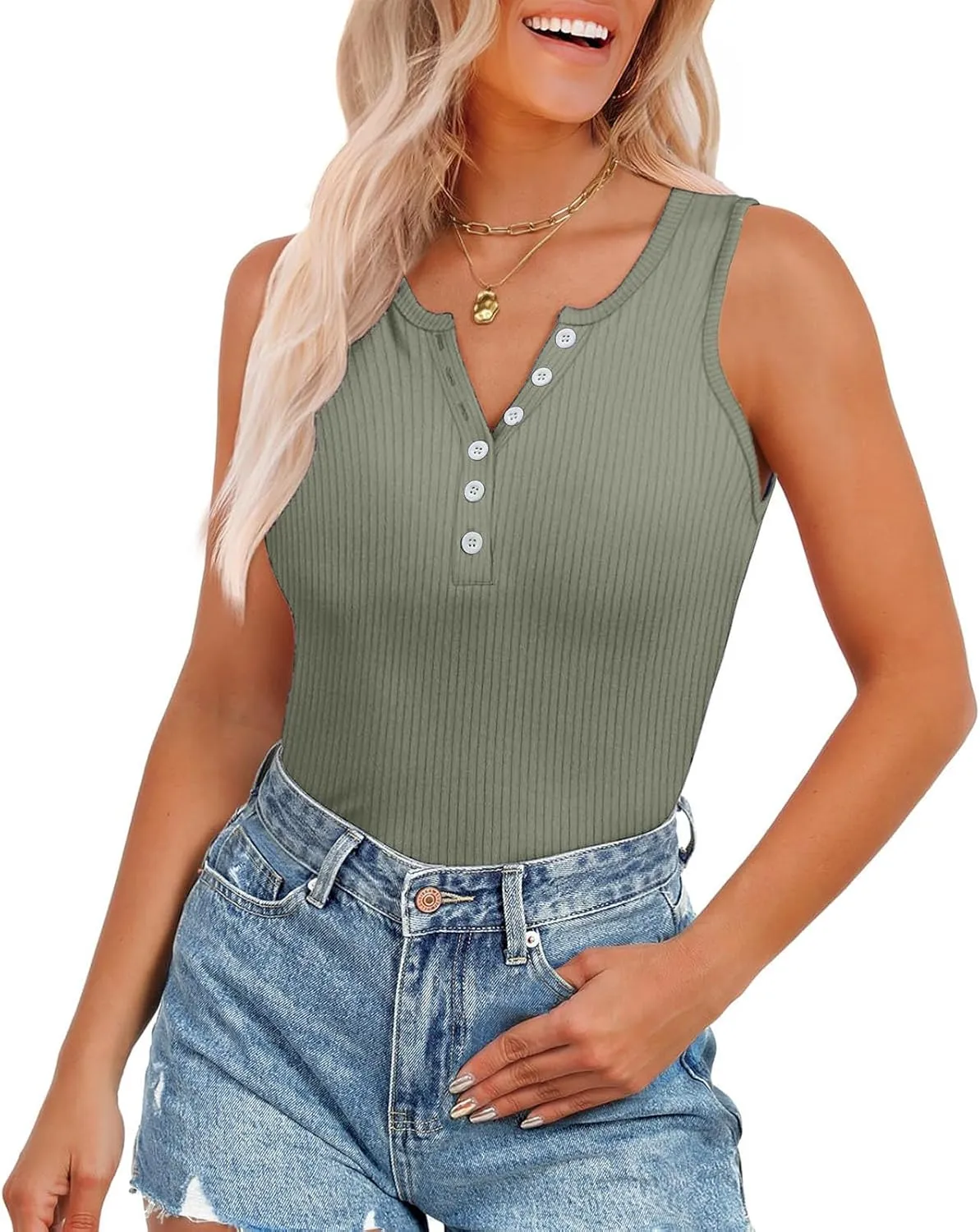 Womens V Neck Tank Tops Summer Ribbed Button Sleeveless Shirts Slim Fit Cami Knitwear Trendy Casual Soft Tee Shirt