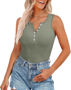 Womens V Neck Tank Tops Summer Ribbed Button Sleeveless Shirts Slim Fit Cami Knitwear Trendy Casual Soft Tee Shirt