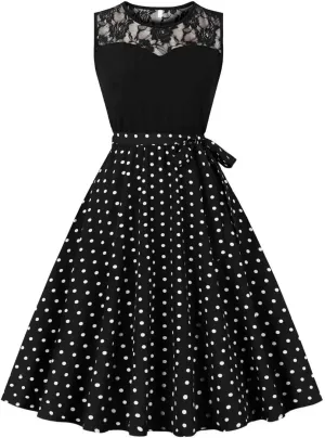 Womens Vintage Floral Lace Dresses Crewneck Sleeveless Wedding Guest Prom Party A line Cocktail Swing Dresses