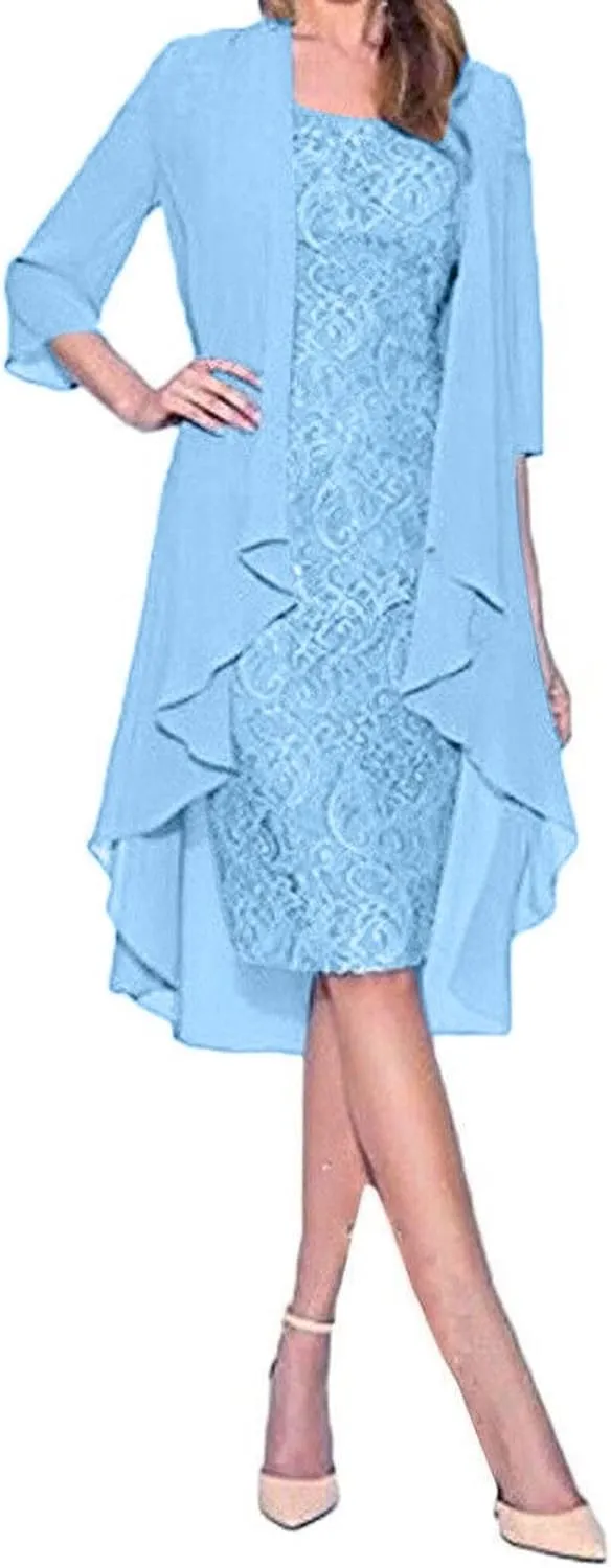 Women's Wedding Guest Dresses Summer Elegant Trendy Solid Color Lace Round Neck Party Prom Cocktail Dress Set