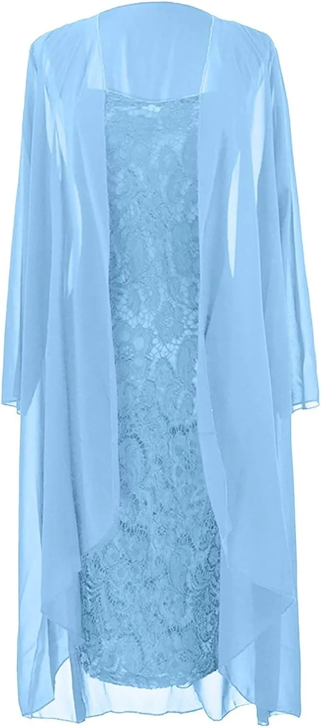 Women's Wedding Guest Dresses Summer Elegant Trendy Solid Color Lace Round Neck Party Prom Cocktail Dress Set