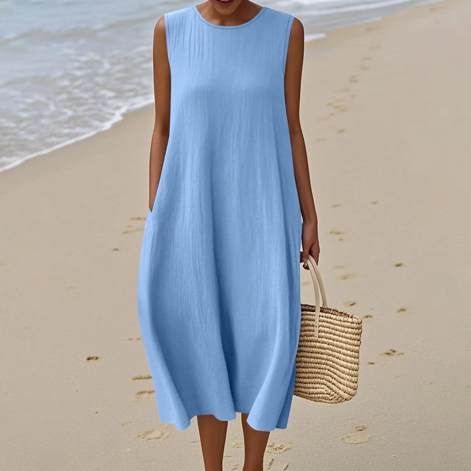 Women's Wrap A-Line Midi Dresses Sleeveless Adjustable Spaghetti Strap Dress Belt Casual Vacation Sundress for Summer