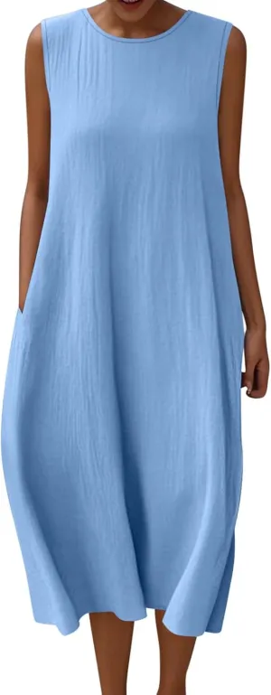 Women's Wrap A-Line Midi Dresses Sleeveless Adjustable Spaghetti Strap Dress Belt Casual Vacation Sundress for Summer