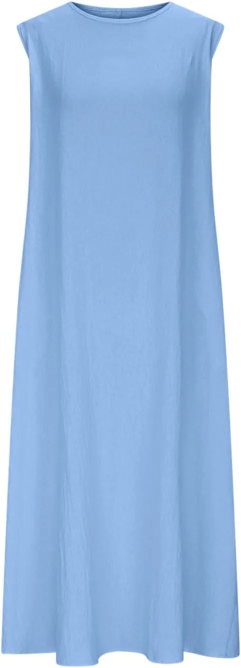 Women's Wrap A-Line Midi Dresses Sleeveless Adjustable Spaghetti Strap Dress Belt Casual Vacation Sundress for Summer