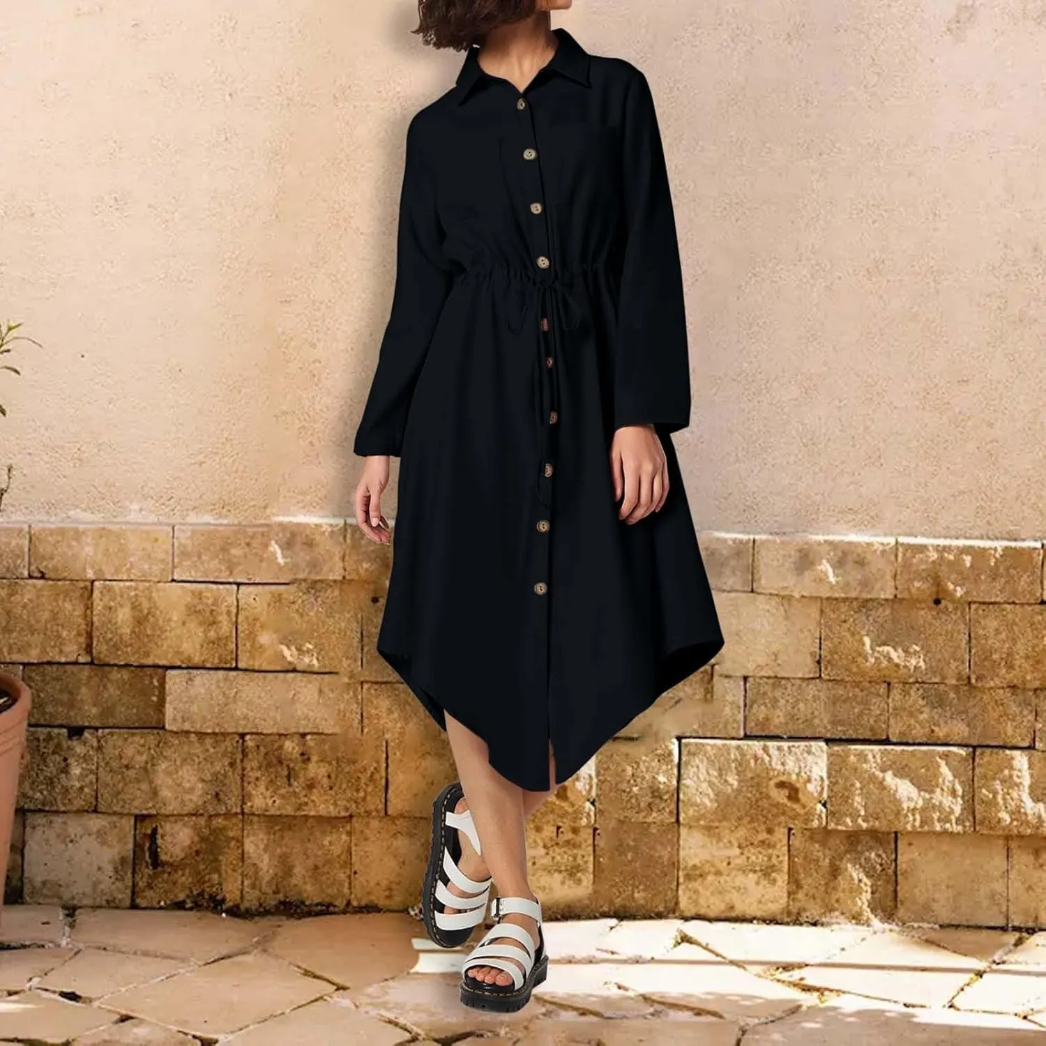 Work Dresses for Women 2025 Fitted Holiday Button Down Long Sleeve Tie Waist Tshirt Dress Boho Spring Break Outfit Women