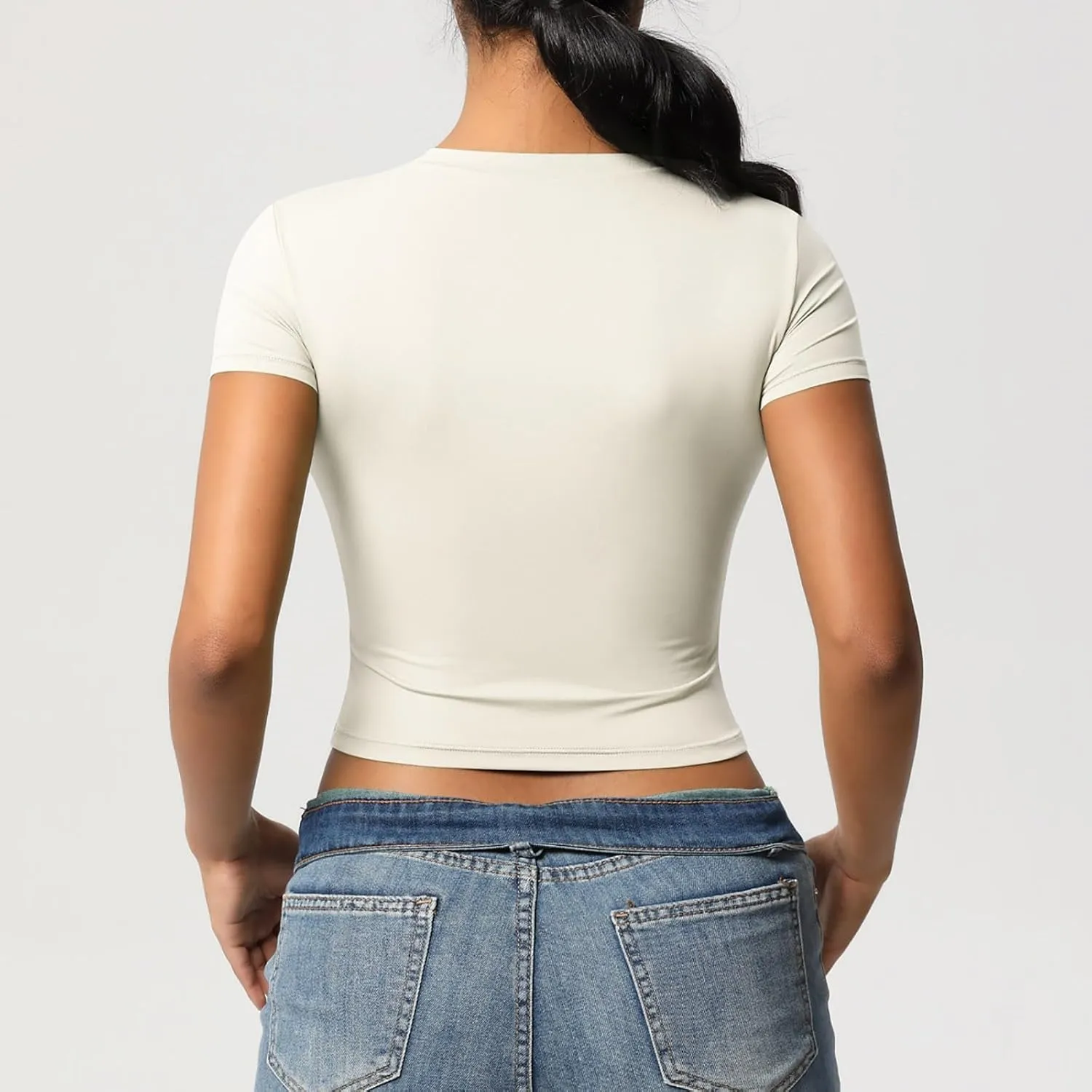 Workout Tops for Women Quick Dry Short Sleeve Cropped Yoga Shirts Athletic Gym Running Round Neck Basic Tees