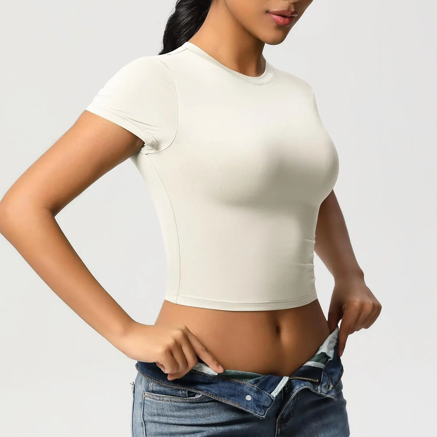 Workout Tops for Women Quick Dry Short Sleeve Cropped Yoga Shirts Athletic Gym Running Round Neck Basic Tees