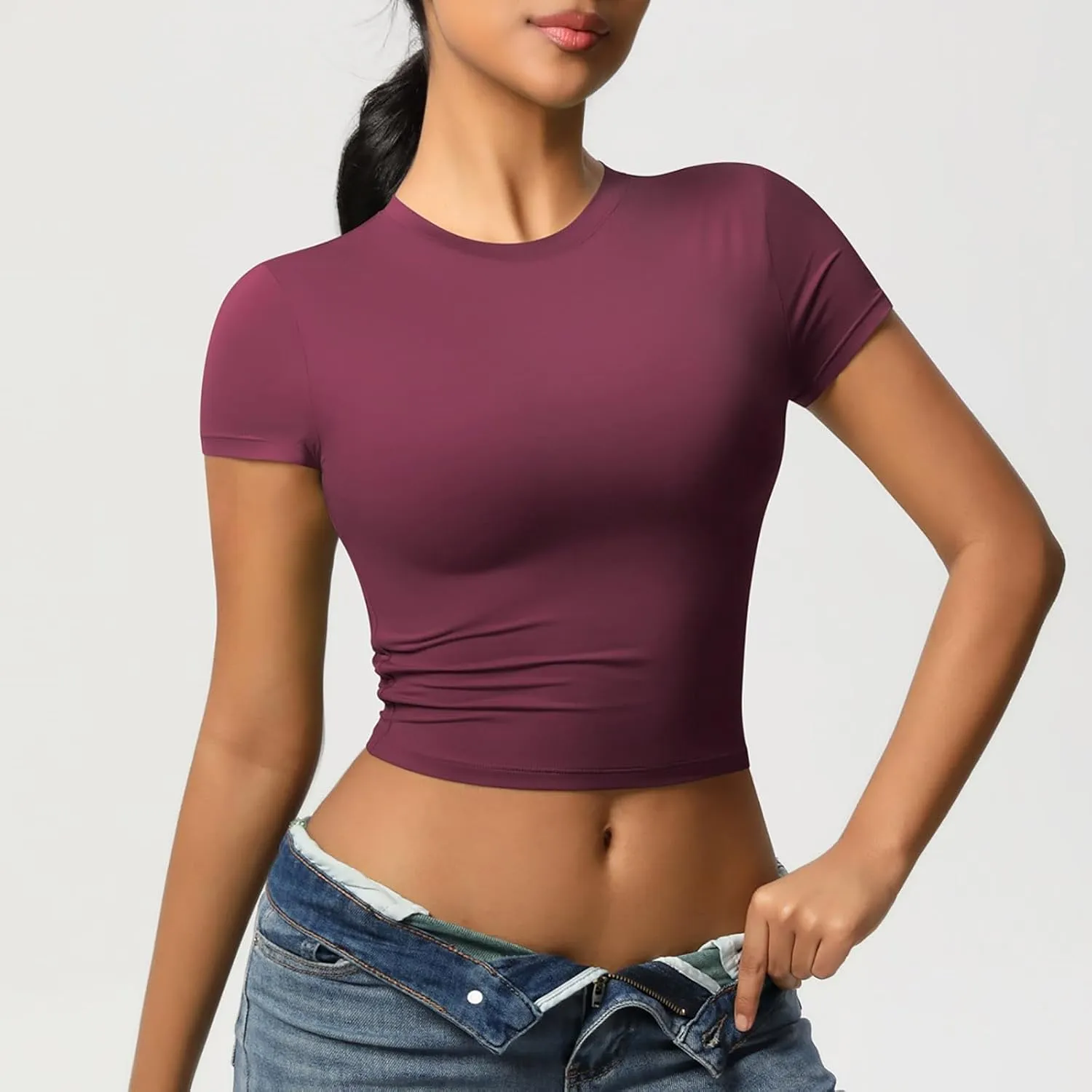 Workout Tops for Women Quick Dry Short Sleeve Cropped Yoga Shirts Athletic Gym Running Round Neck Basic Tees