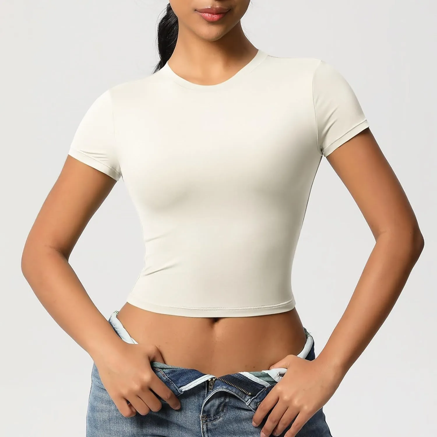 Workout Tops for Women Quick Dry Short Sleeve Cropped Yoga Shirts Athletic Gym Running Round Neck Basic Tees