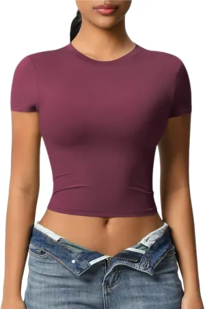 Workout Tops for Women Quick Dry Short Sleeve Cropped Yoga Shirts Athletic Gym Running Round Neck Basic Tees