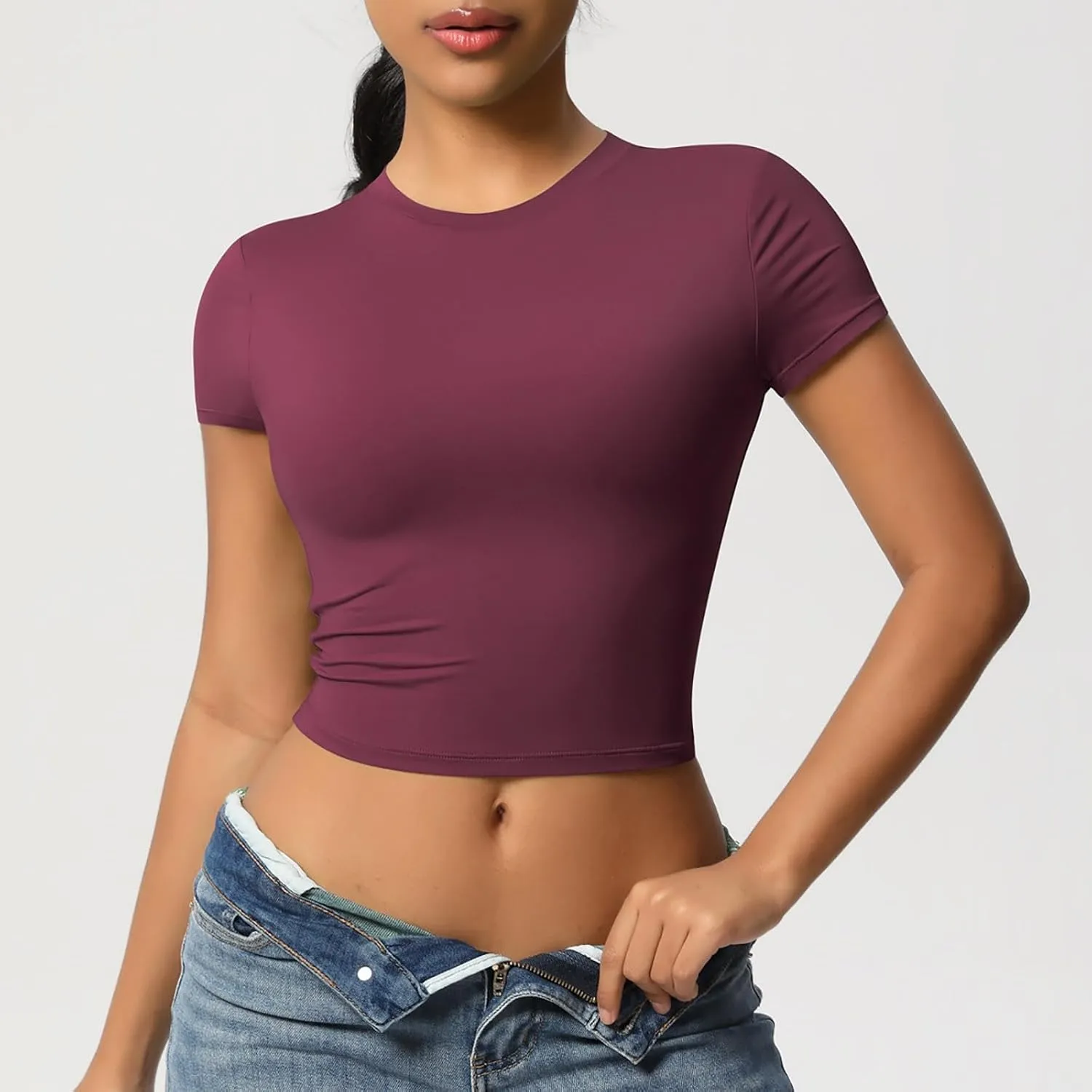 Workout Tops for Women Quick Dry Short Sleeve Cropped Yoga Shirts Athletic Gym Running Round Neck Basic Tees