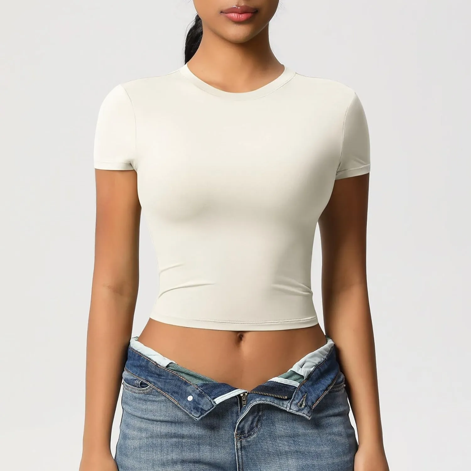 Workout Tops for Women Quick Dry Short Sleeve Cropped Yoga Shirts Athletic Gym Running Round Neck Basic Tees