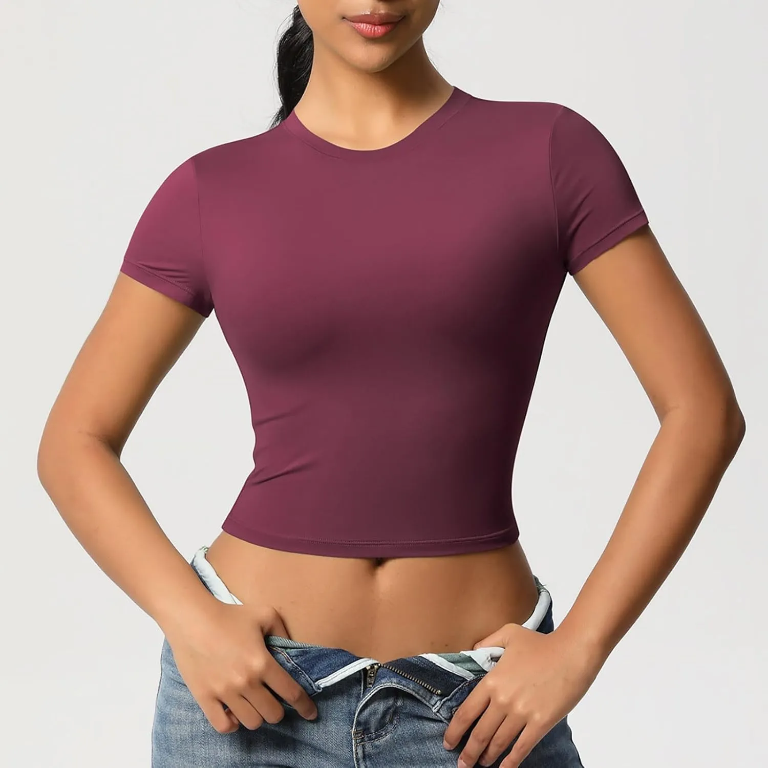 Workout Tops for Women Quick Dry Short Sleeve Cropped Yoga Shirts Athletic Gym Running Round Neck Basic Tees