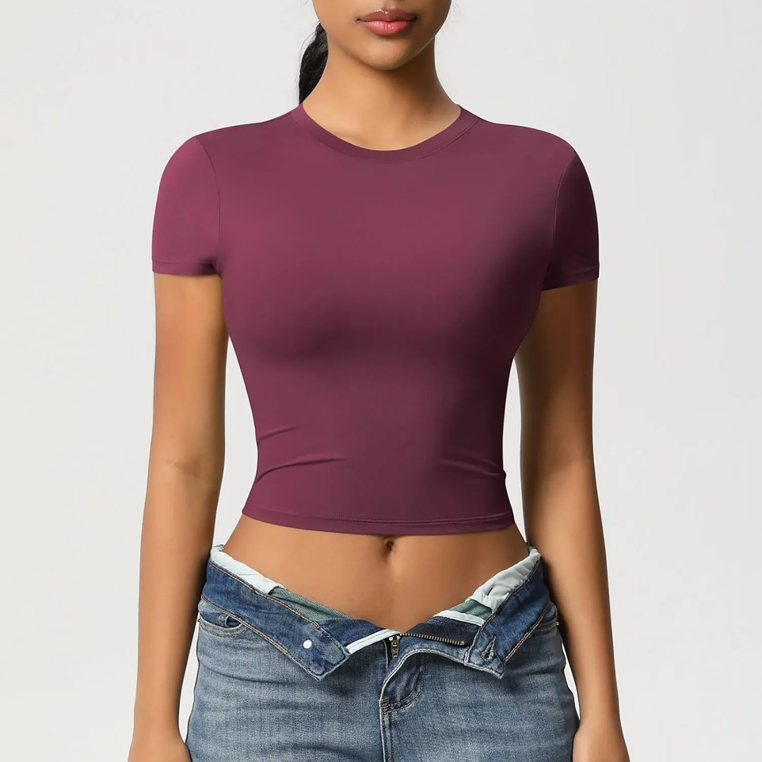 Workout Tops for Women Quick Dry Short Sleeve Cropped Yoga Shirts Athletic Gym Running Round Neck Basic Tees