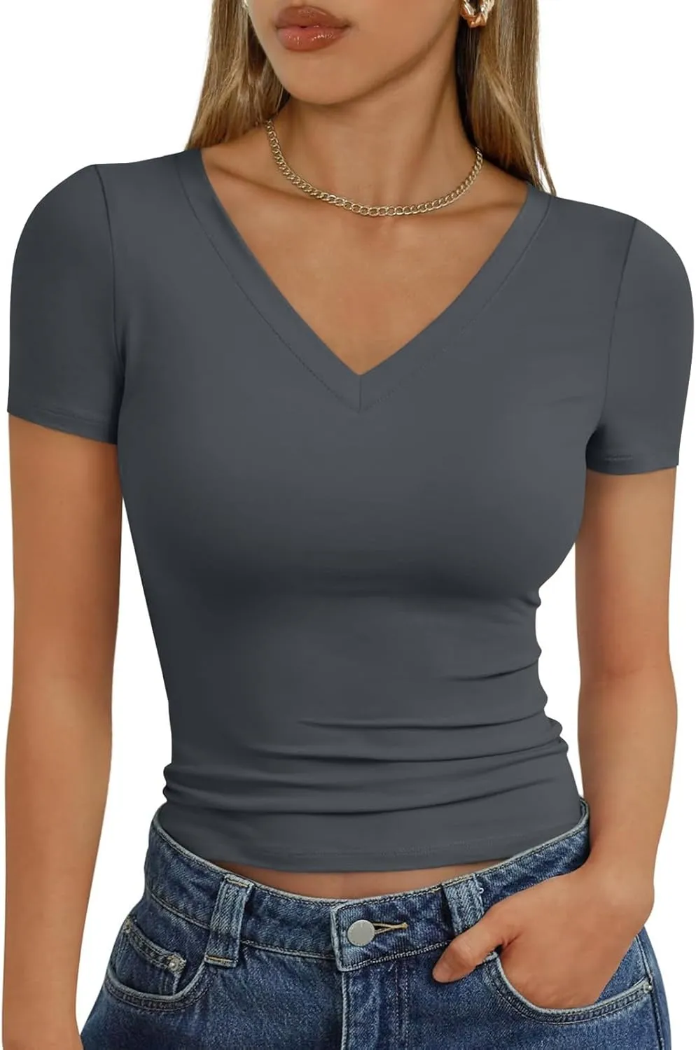 Workout Tops for Women V Neck Going Out Crop Tops Short Sleeve Slim Fit Casual Basic Compression Shirts