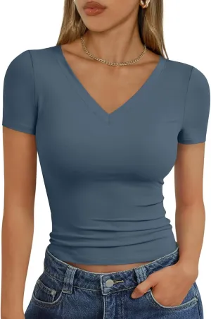 Workout Tops for Women V Neck Going Out Crop Tops Short Sleeve Slim Fit Casual Basic Compression Shirts