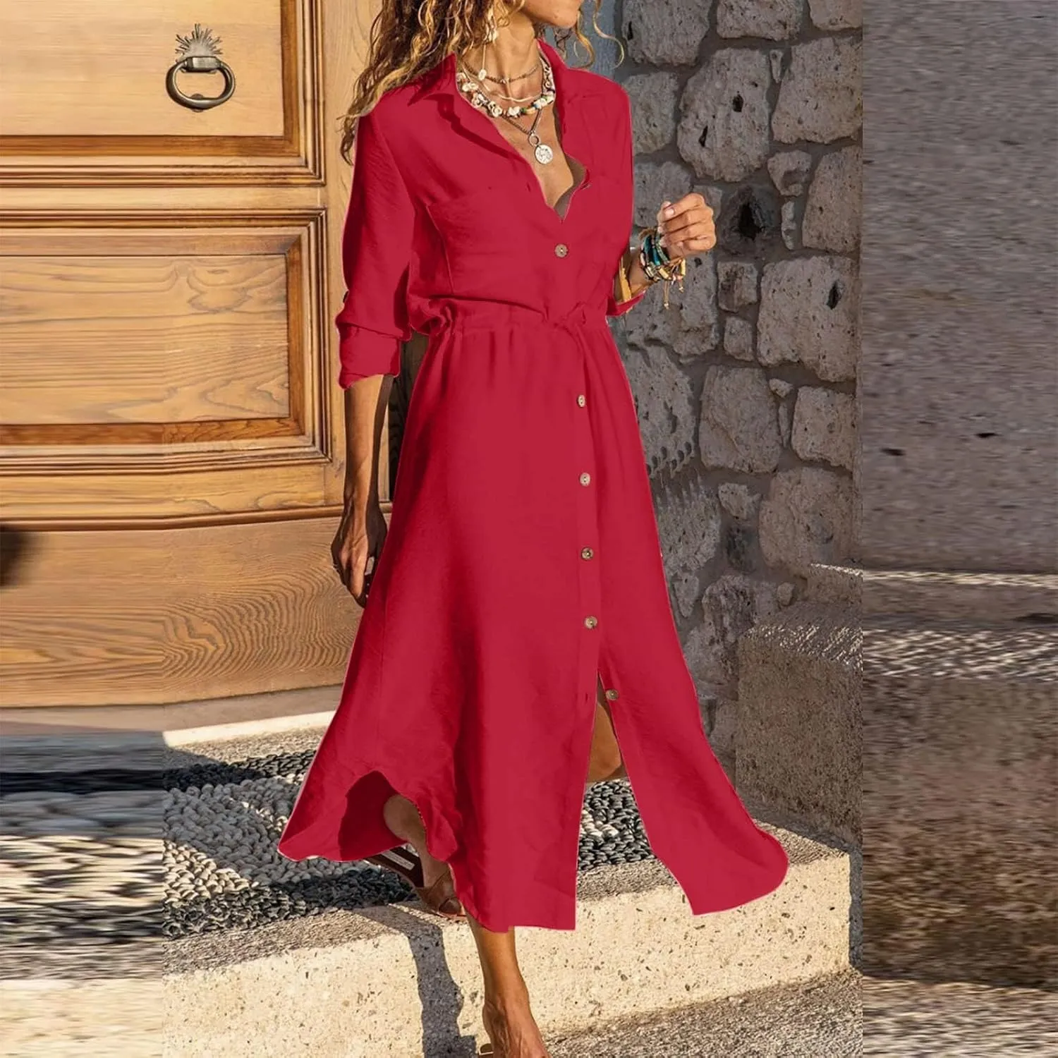 XOWRTE Linen Shirt Dresses for Women Down Drawstring Causal Dress Plain Long Maxi Dresses Trendy Casual Dresses