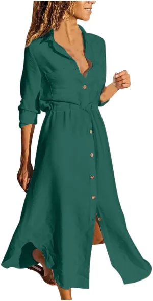 XOWRTE Linen Shirt Dresses for Women Down Drawstring Causal Dress Plain Long Maxi Dresses Trendy Casual Dresses