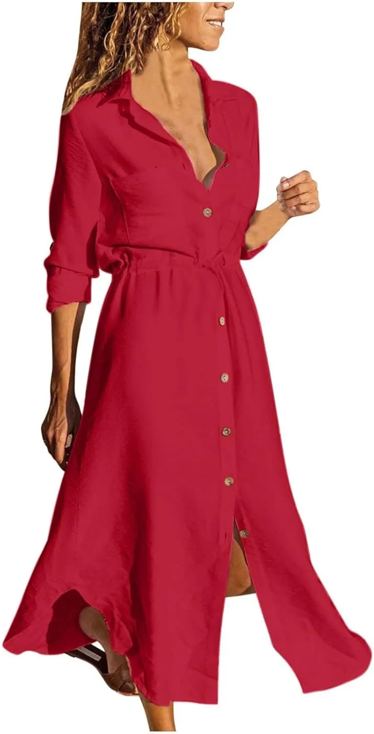XOWRTE Linen Shirt Dresses for Women Down Drawstring Causal Dress Plain Long Maxi Dresses Trendy Casual Dresses