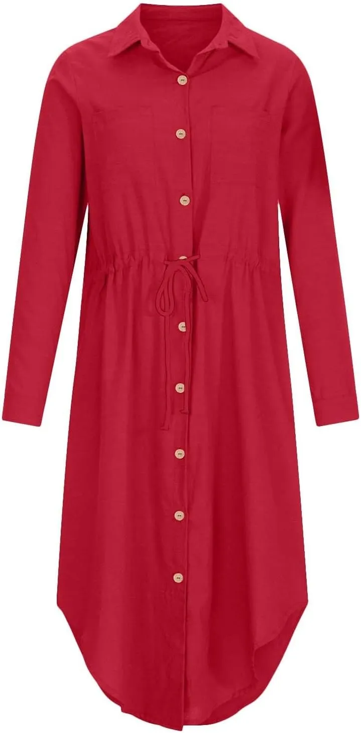 XOWRTE Linen Shirt Dresses for Women Down Drawstring Causal Dress Plain Long Maxi Dresses Trendy Casual Dresses