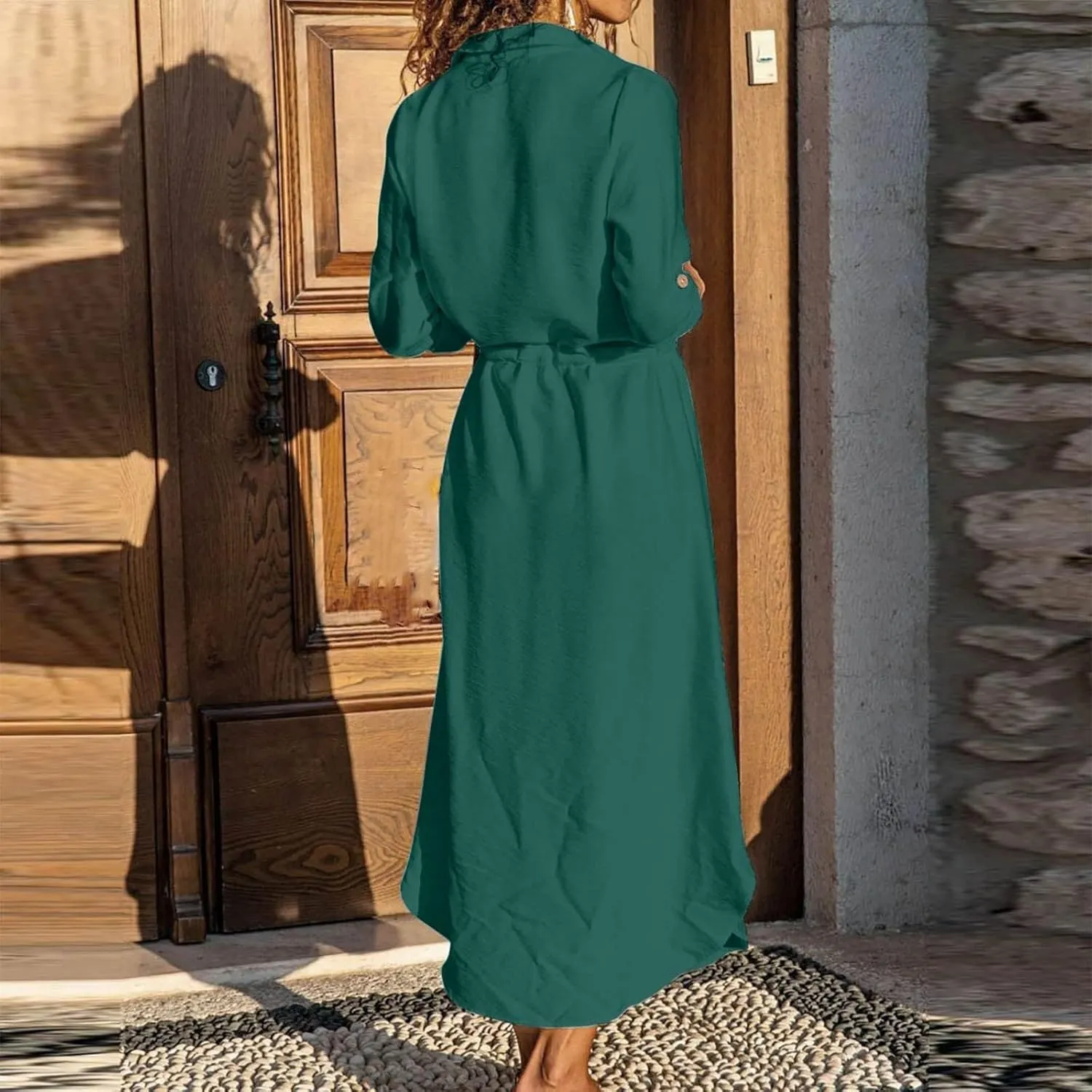 XOWRTE Linen Shirt Dresses for Women Down Drawstring Causal Dress Plain Long Maxi Dresses Trendy Casual Dresses