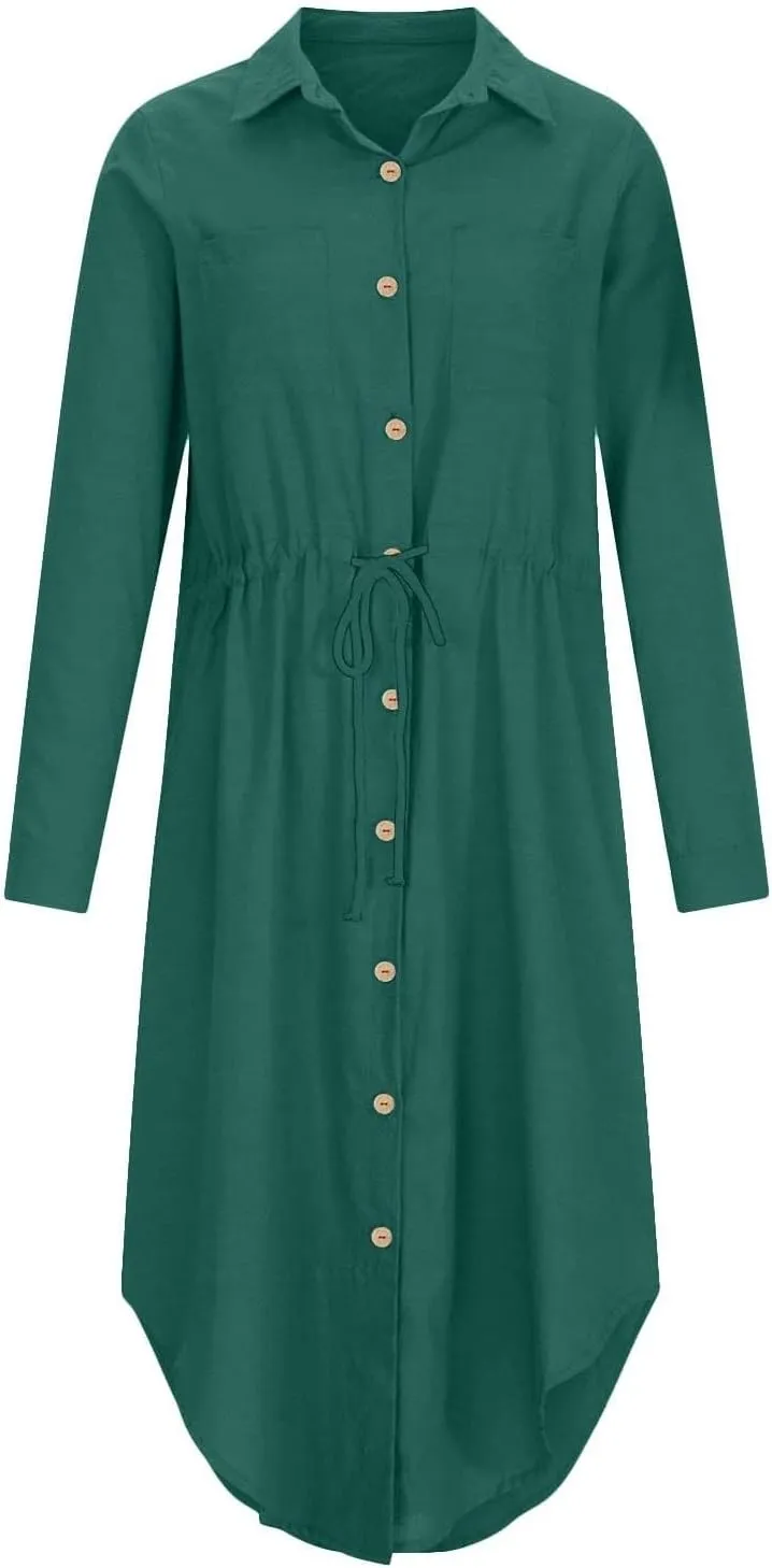 XOWRTE Linen Shirt Dresses for Women Down Drawstring Causal Dress Plain Long Maxi Dresses Trendy Casual Dresses