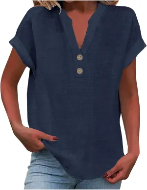 yardsong V Neck Tops for Women Cotton Linen Button Up Short Sleeve Shirts Summer Casual Loose Fit Beach Blouses Tees
