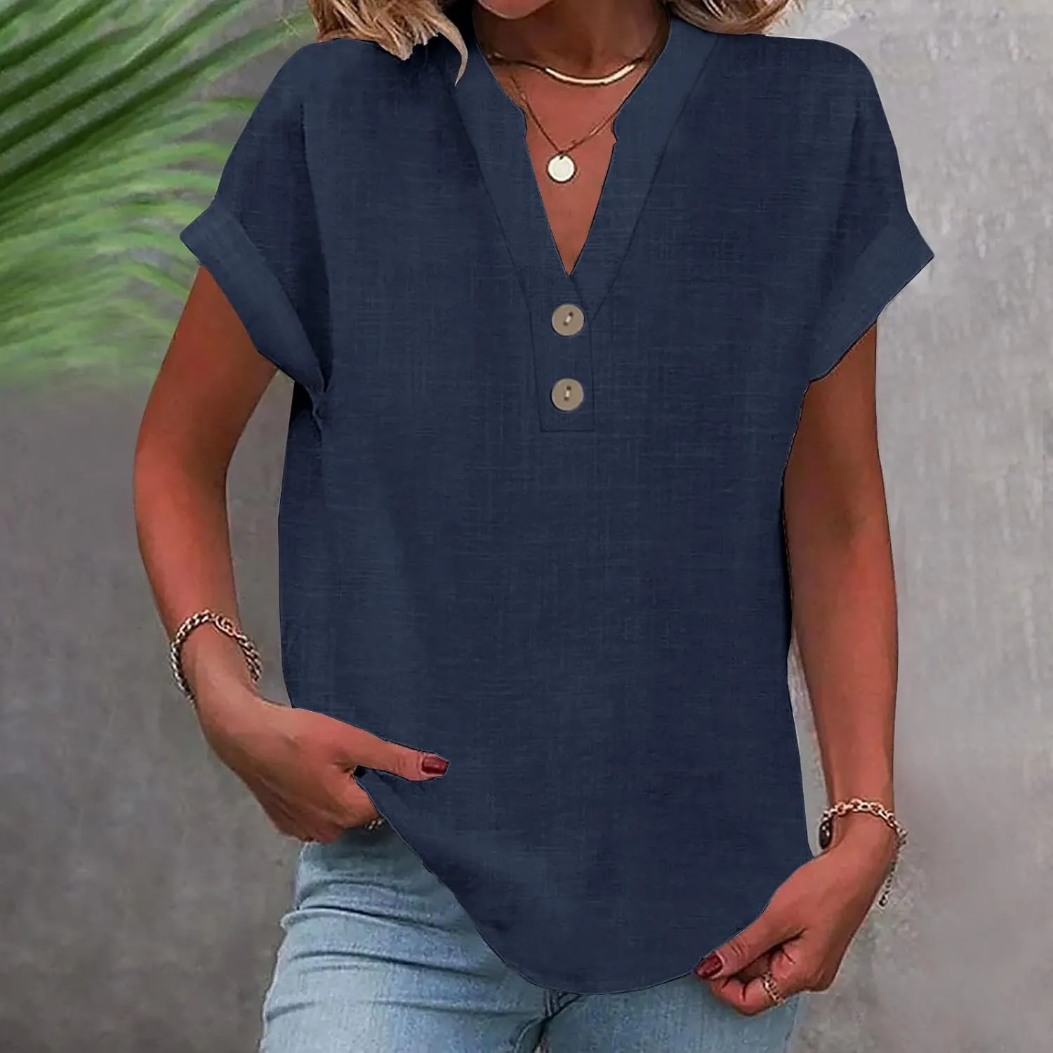 yardsong V Neck Tops for Women Cotton Linen Button Up Short Sleeve Shirts Summer Casual Loose Fit Beach Blouses Tees