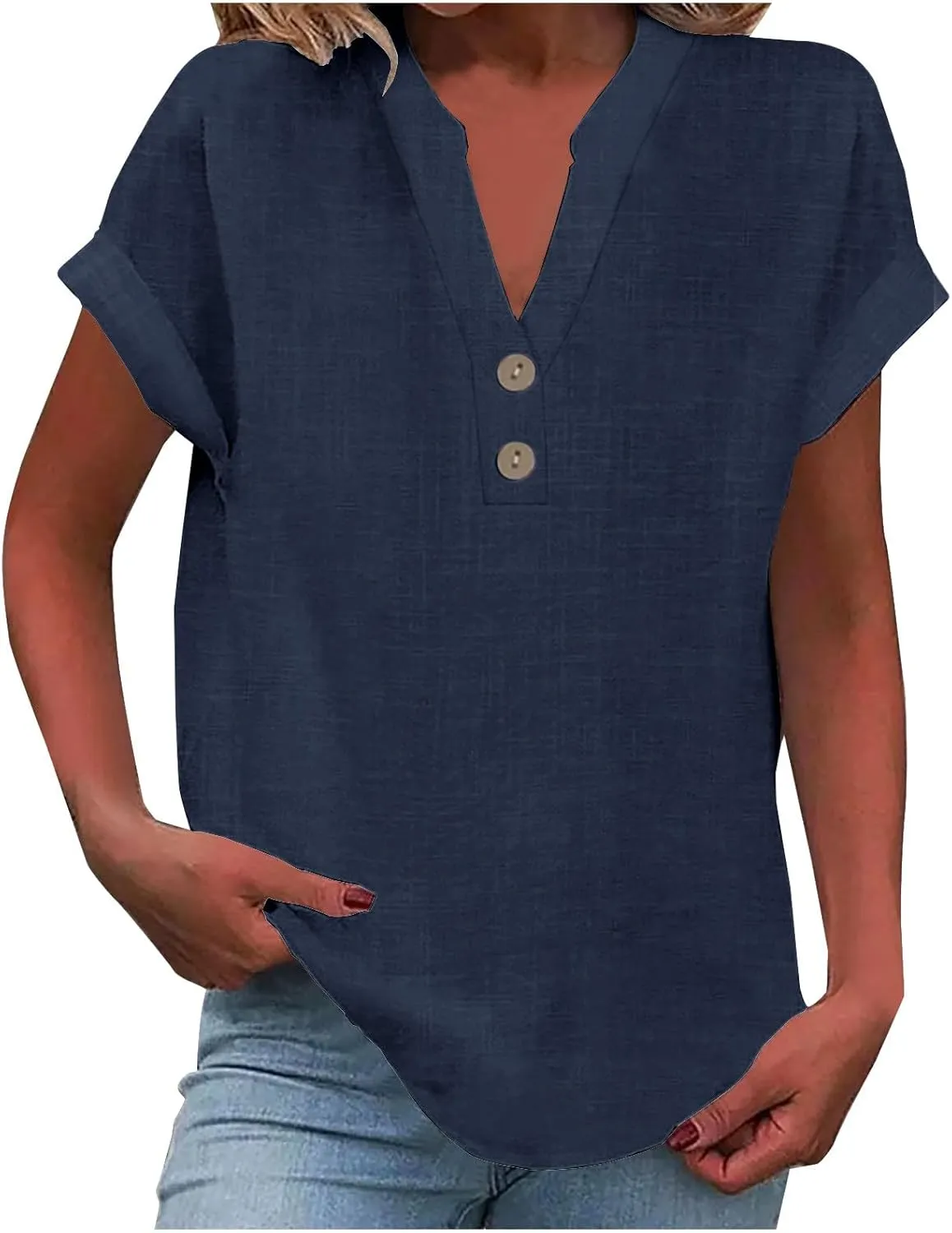 yardsong V Neck Tops for Women Cotton Linen Button Up Short Sleeve Shirts Summer Casual Loose Fit Beach Blouses Tees