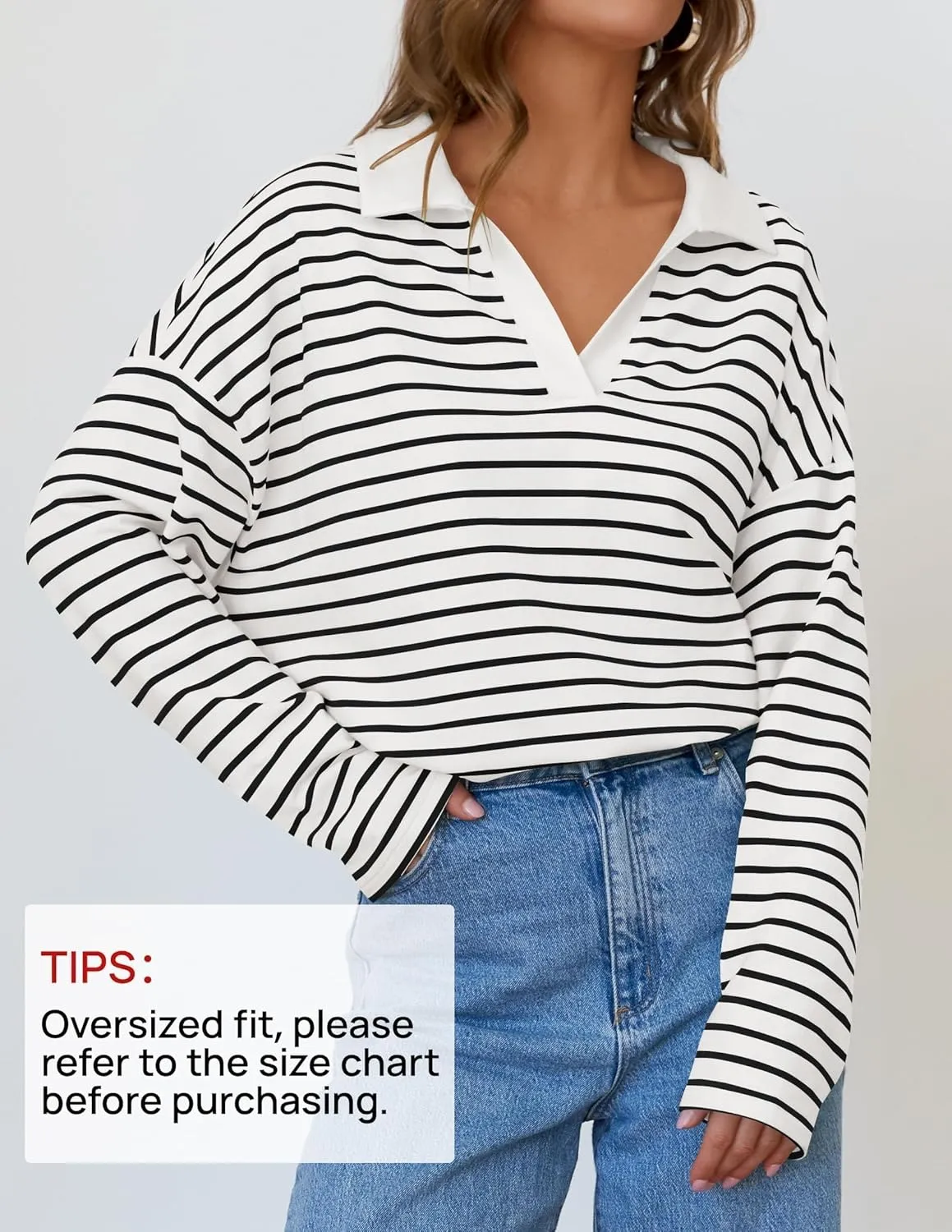 ZESICA Womens Striped Long Sleeve Tops Oversized Sweatshirt V Neck Loose Fit Tunic Tops Spring Casual Blouses