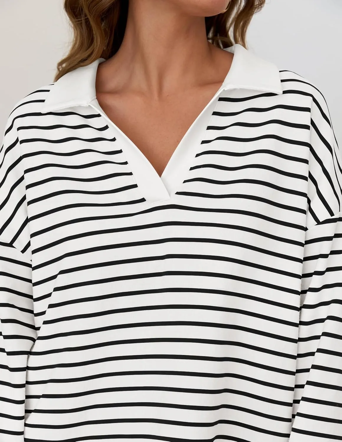 ZESICA Womens Striped Long Sleeve Tops Oversized Sweatshirt V Neck Loose Fit Tunic Tops Spring Casual Blouses