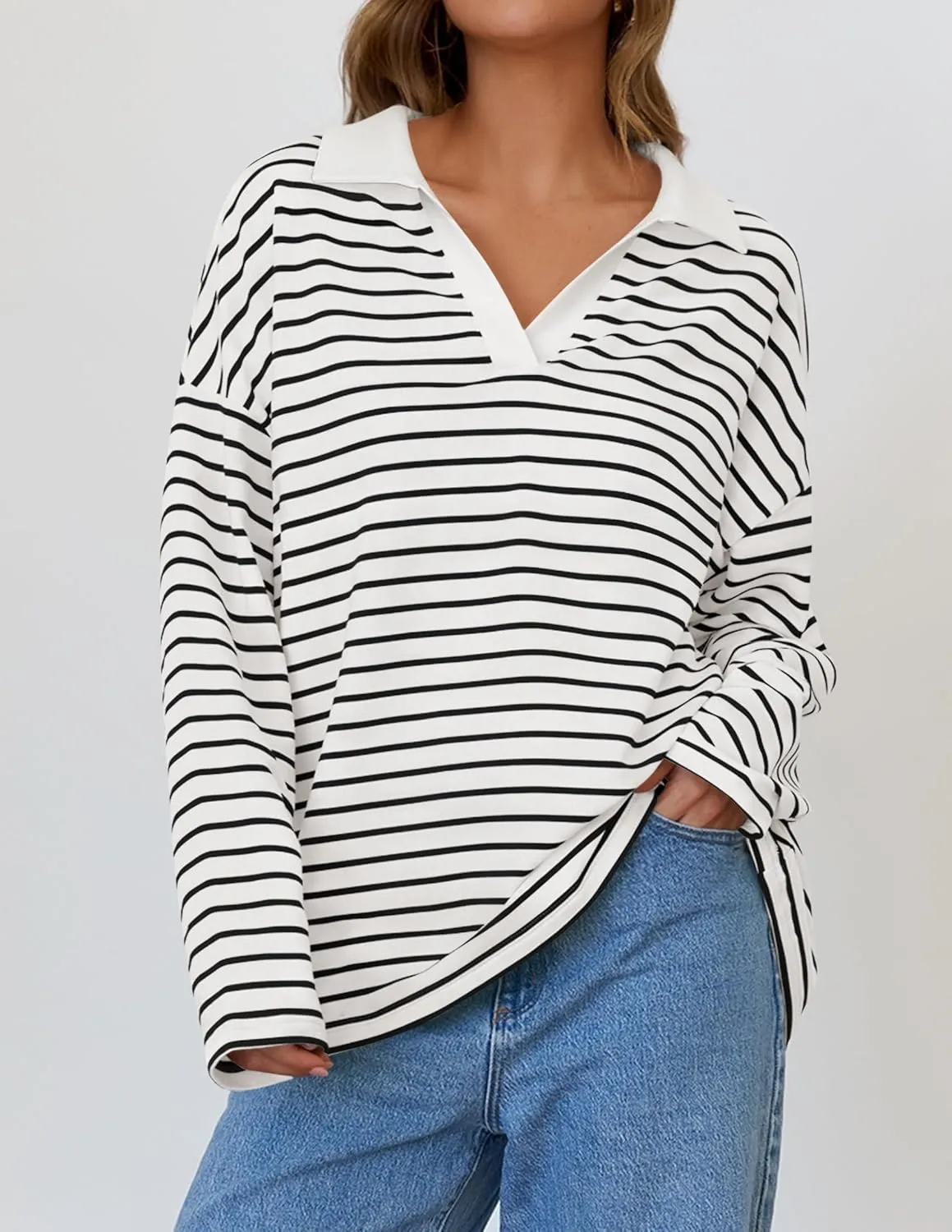 ZESICA Womens Striped Long Sleeve Tops Oversized Sweatshirt V Neck Loose Fit Tunic Tops Spring Casual Blouses