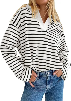 ZESICA Womens Striped Long Sleeve Tops Oversized Sweatshirt V Neck Loose Fit Tunic Tops Spring Casual Blouses