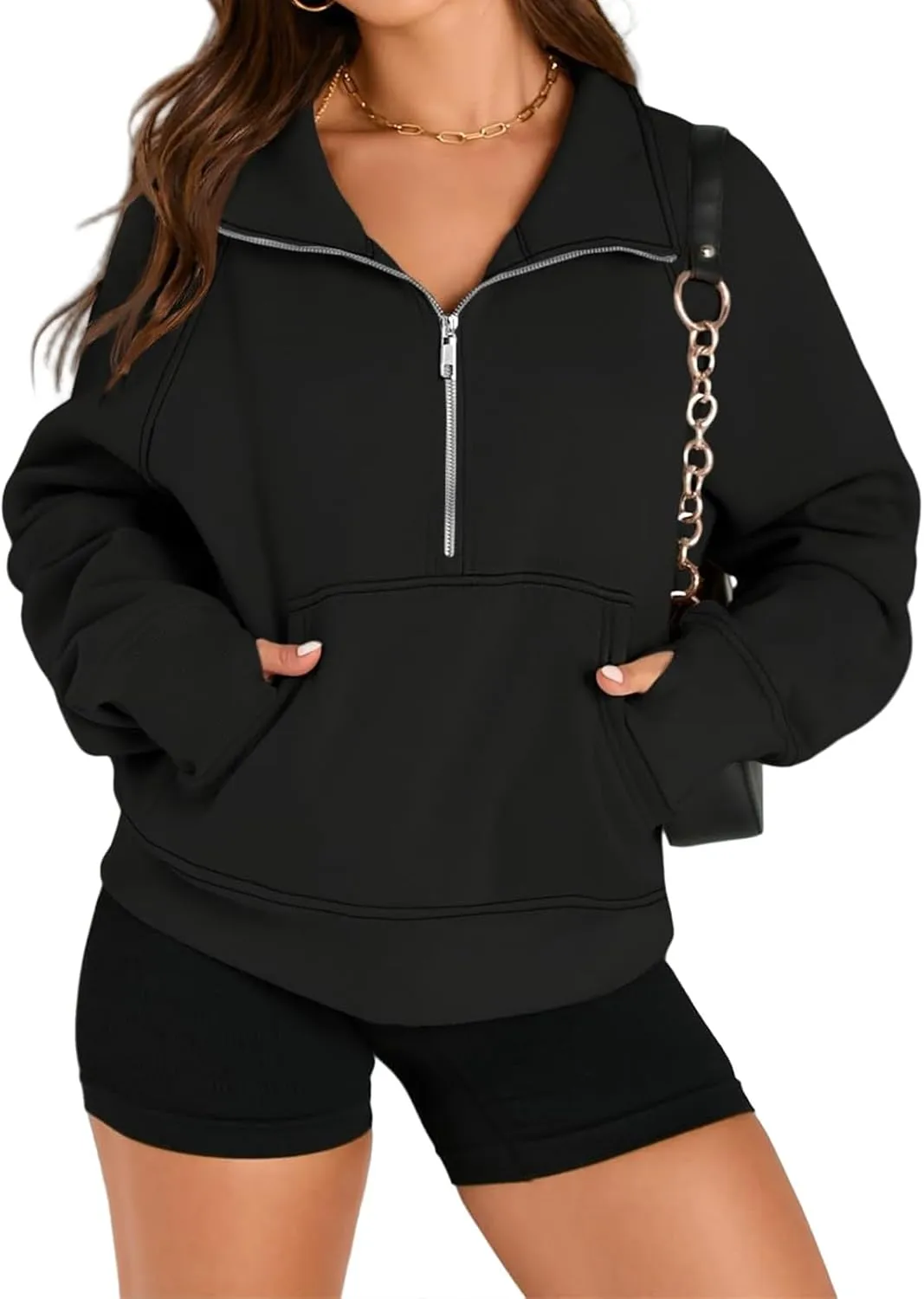 ZWRXW Womens Oversized Half Zip Sweatshirts Long Sleeve Stand Collared Solid Pullover Fall Fashion Fleece Outfits with Pocket