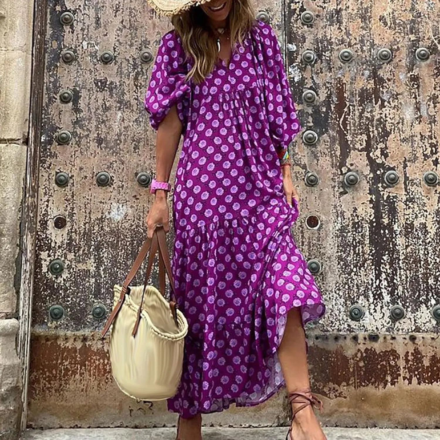 ZYXTIM Boho Dresses for Women 2025 V Neck Floral Puff Short Sleeve Summer Dress Oversize Casual Beach Vacation Maxi Dress