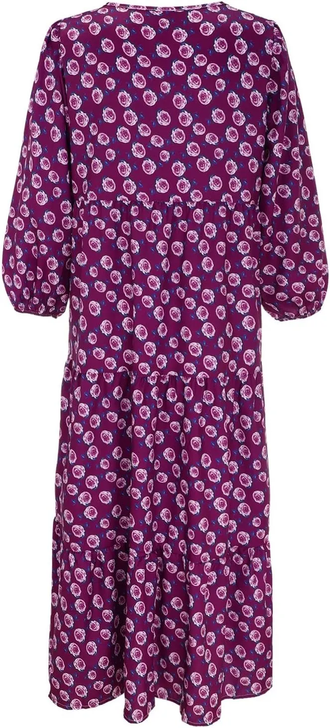 ZYXTIM Boho Dresses for Women 2025 V Neck Floral Puff Short Sleeve Summer Dress Oversize Casual Beach Vacation Maxi Dress