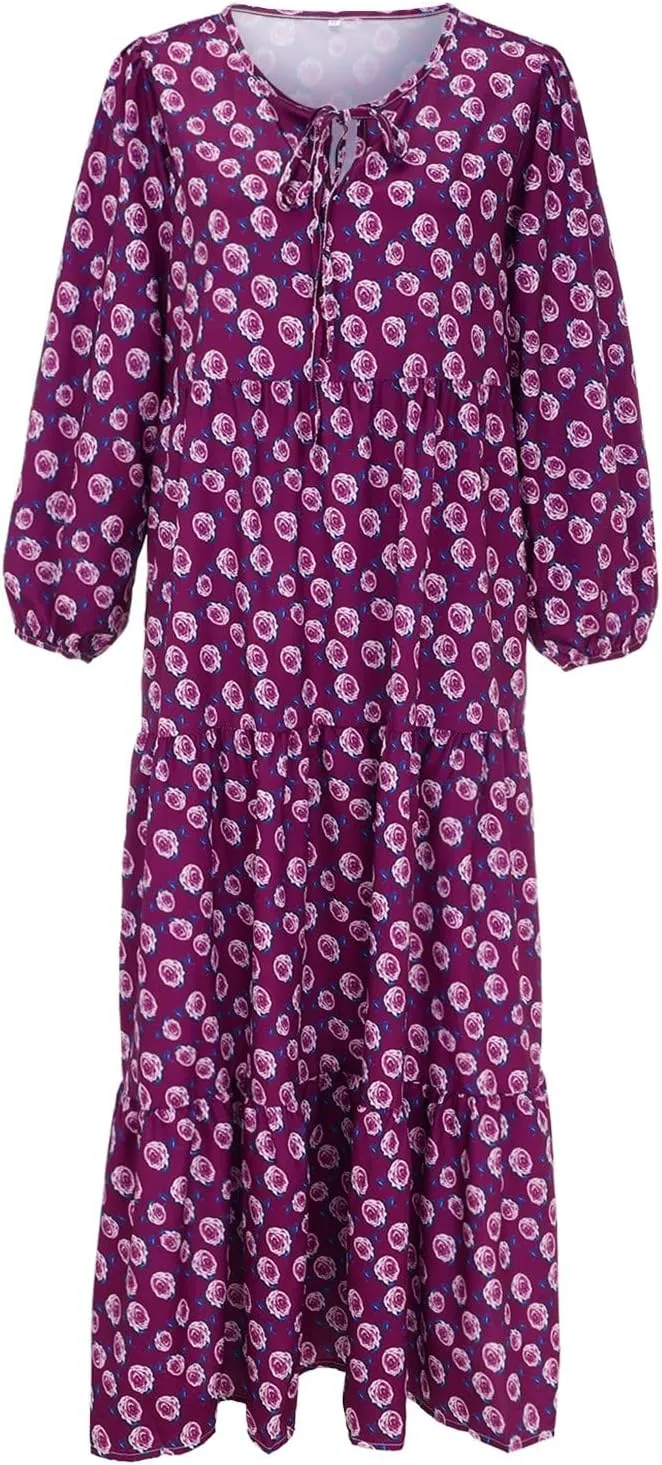 ZYXTIM Boho Dresses for Women 2025 V Neck Floral Puff Short Sleeve Summer Dress Oversize Casual Beach Vacation Maxi Dress