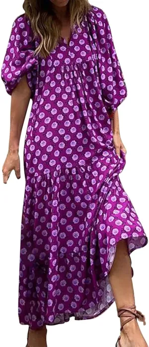 ZYXTIM Boho Dresses for Women 2025 V Neck Floral Puff Short Sleeve Summer Dress Oversize Casual Beach Vacation Maxi Dress