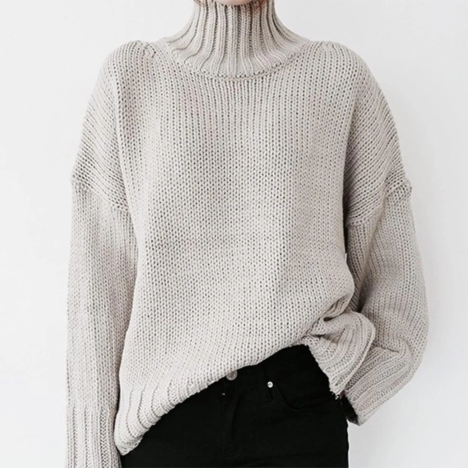 ZYXTIM Women's Turtleneck Oversized Sweaters Cable Knit Long Batwing Sleeve Solid Color Warm Cozy Loose Pullover Sweater